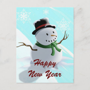 Happy New Year Snowman and Snowflakes Holiday Postcard