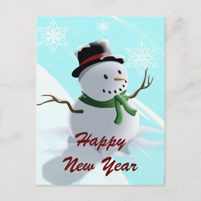 Happy New Year Snowman and Snowflakes Holiday Postcard (Front)