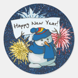 happy new year snowman classic round sticker