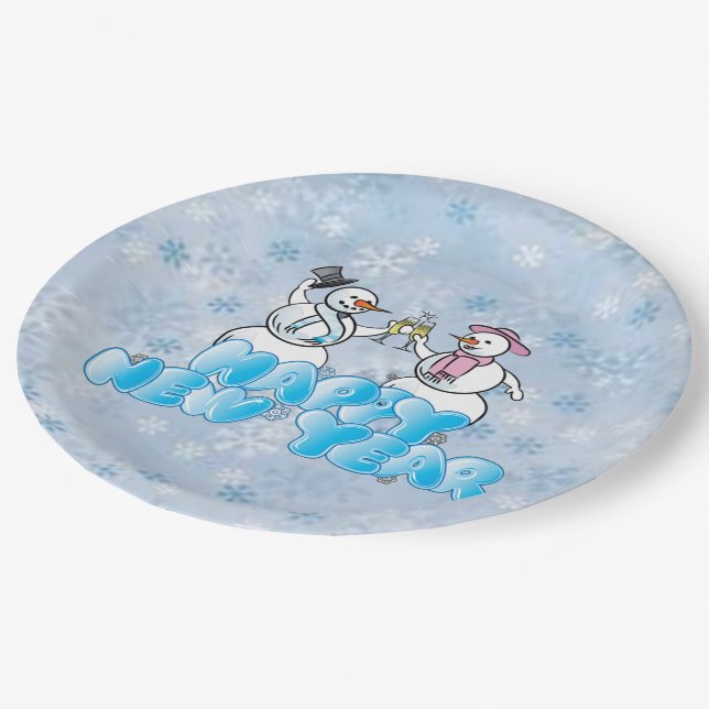 Happy New Year Snowman Paper Plate (Angled)