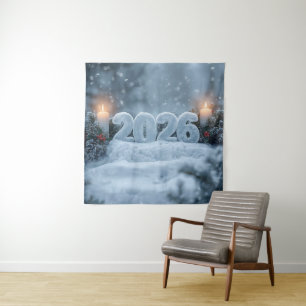 happy new year snowy candle backdrop tapestry