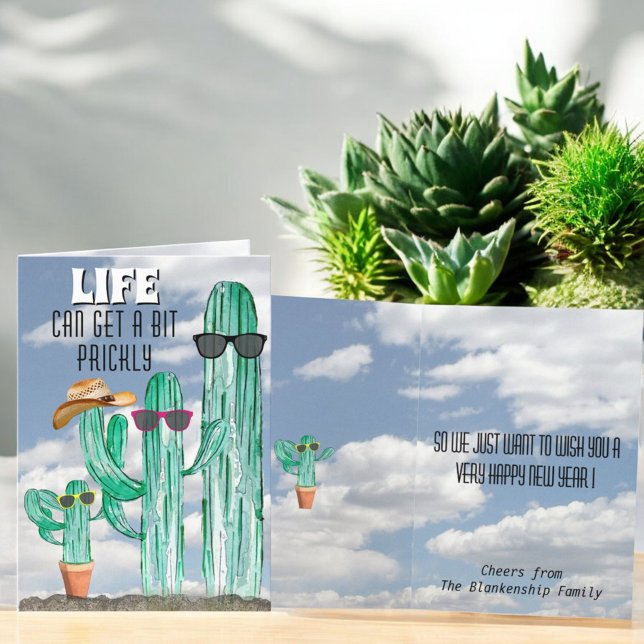 Happy New Year Southwest Saguaro Cactus Template (fun cactus greeting card cover and inside template )