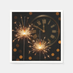 Happy New Year Sparklers On a Midnight Clock Napkin