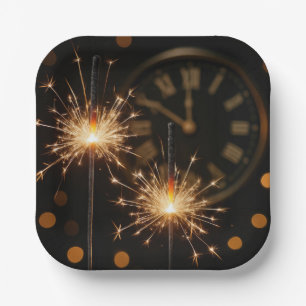 Happy New Year Sparklers On a Midnight Clock Paper Plate