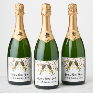 Happy New Year Sparkling Wine Label Gold On White