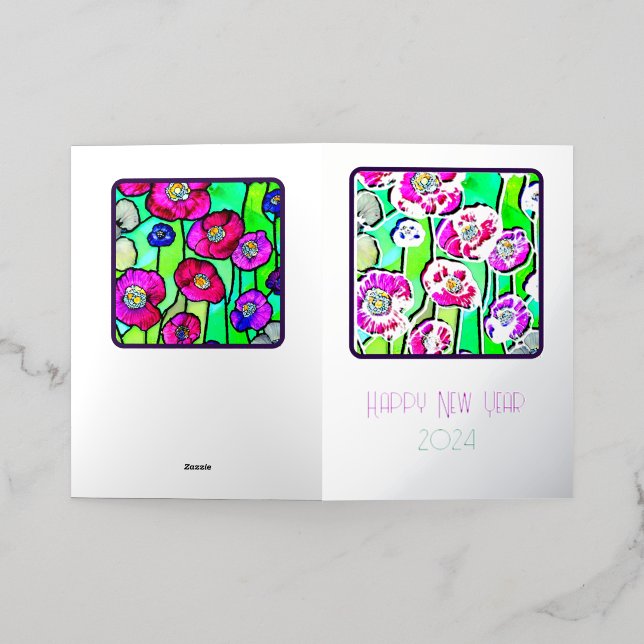 Happy New Year - stain glass anemones - 2024 Foil Greeting Card (Outside Laydown)