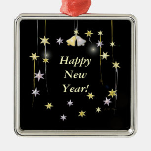 Happy New Year Stars and Bells on Black Metal Tree Decoration