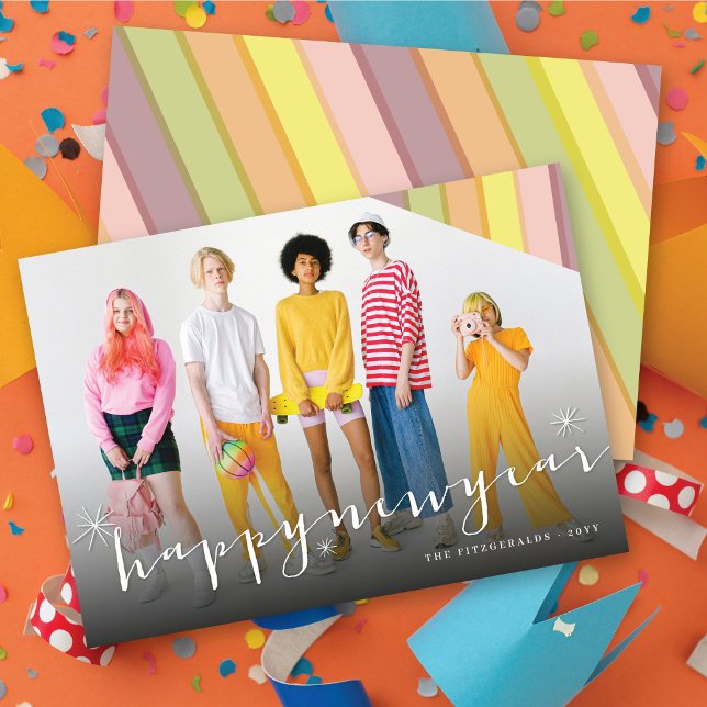 Happy New Year Stars And Colourful Stripes Photo Holiday Card (Creator Uploaded)