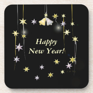 Happy New Year Stars on Black Coaster