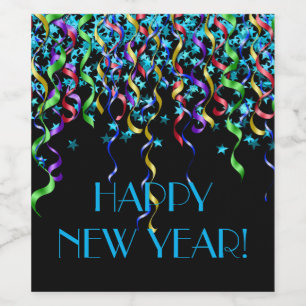 Happy New Year! Stars, Ribbon Streamers Wine Label