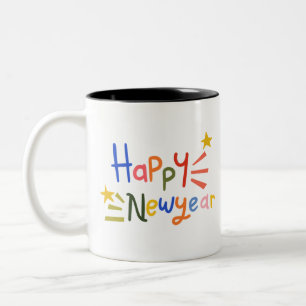 Happy New Year sticker typography, festive Two-Tone Coffee Mug