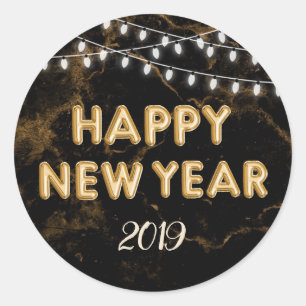 Happy New Year String Lights Gold Balloons Black Classic Round Sticker
