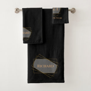 "Happy New Year" stylish black gold personalised Bath Towel Set