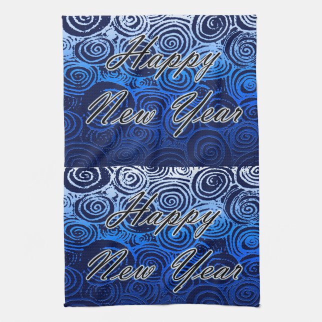 Happy New Year Swirls Blue Tea Towel (Vertical)