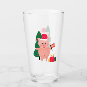 Happy New Year symbol fun cute pig tree gifts pink Glass