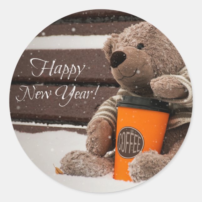 Happy New Year. Teddy Bear. Classic Round Sticker (Front)