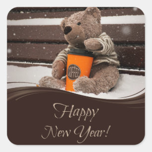 Happy New Year. Teddy Bear. Square Sticker