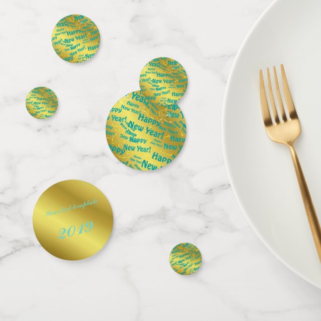 happy new year text blue, gold and template confetti (Group)