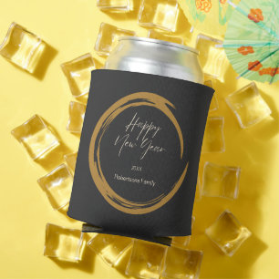 Happy New Year text gold stain ring dark grey Can Cooler