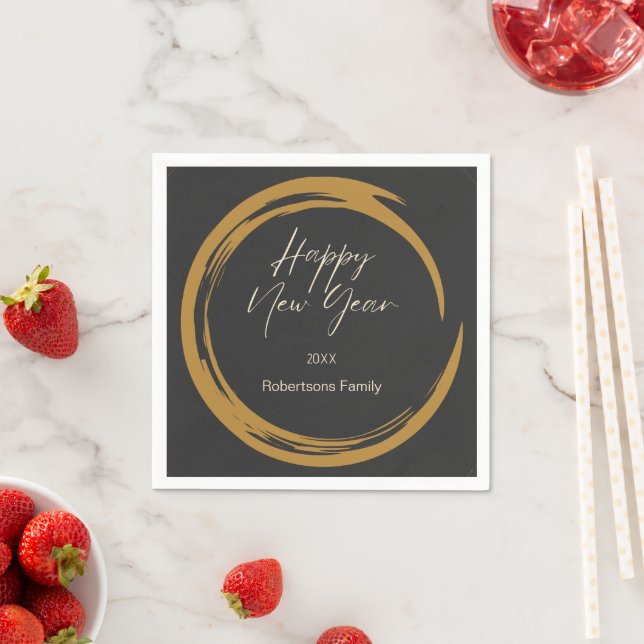 Happy New Year text gold stain ring dark grey Napkin (Insitu)