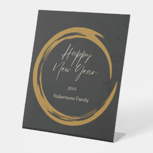 Happy New Year text gold stain ring dark grey Pedestal Sign