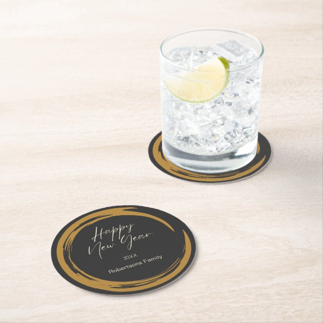 Happy New Year text gold stain ring dark grey Round Paper Coaster (Insitu)