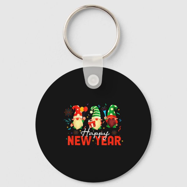 Happy New Year Three Gnomes Fireworks Confetti Nye Key Ring (Front)
