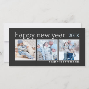 Happy New Year Three Photo Classic Black Photocard Holiday Card