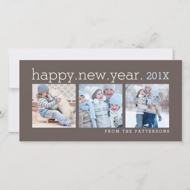 Happy New Year Three Photo Mocha Photocard Holiday Card (Front)