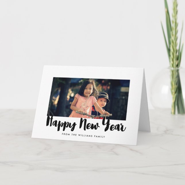 Happy New Year trendy black font family photo Holiday Card (Front)