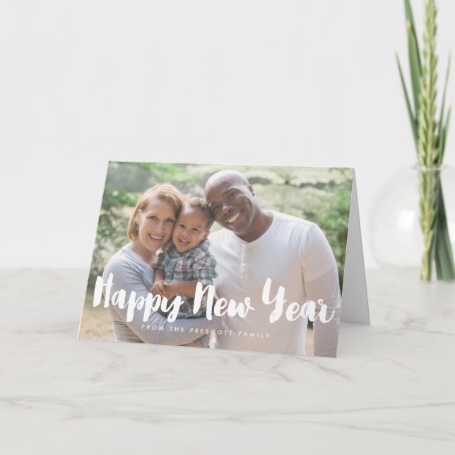 Happy New Year trendy white font photo Holiday Card (Front)