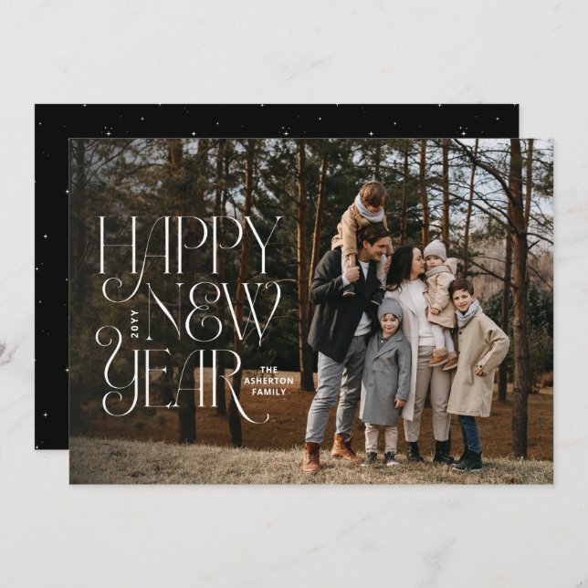 Happy new year two photo simple elegant holiday card (Front/Back)