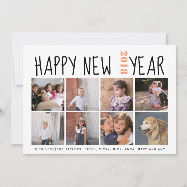 Happy New Year typography eight photo collage Holiday Card (Front)