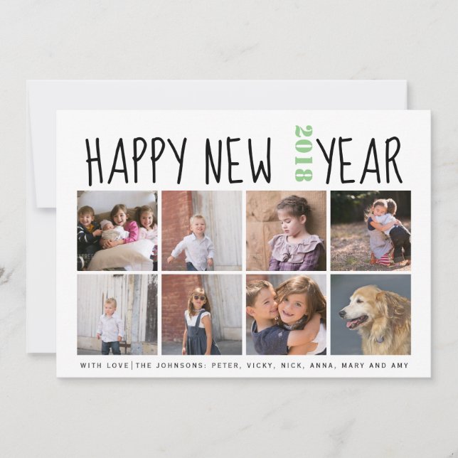 Happy New Year typography eight photo collage sage Holiday Card (Front)