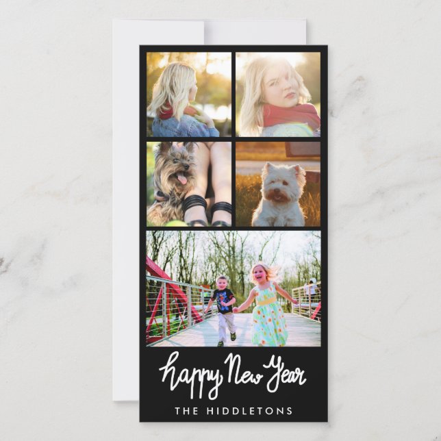 Happy New Year Typography Five Photo Collage Holiday Card (Front)
