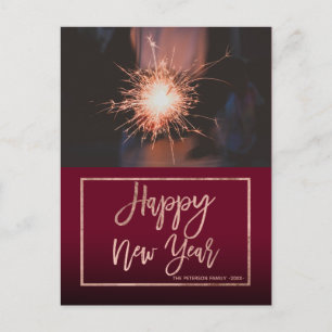 Happy New Year typography rose gold red photo Holiday Postcard