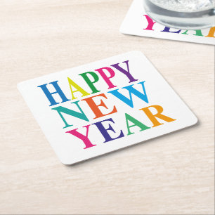 Happy New Year Typography   Square Paper Coaster