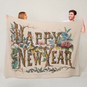 Happy New Year, Vintage Currier & Ives Print Fleece Blanket