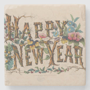Happy New Year, Vintage Currier & Ives Print Stone Coaster