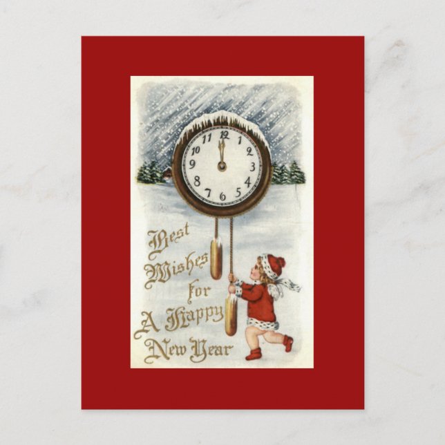 Happy New Year Vintage Postcards Child with Clock (Front)