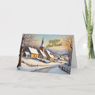 Happy New Year Vintage Winter Church  Holiday Card