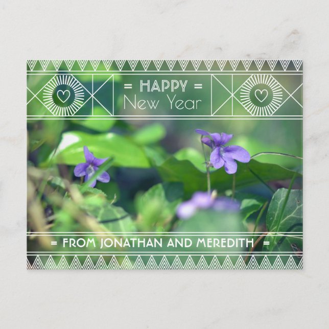 Happy New Year Violet Green Purple Floral Art Deco Postcard (Front)