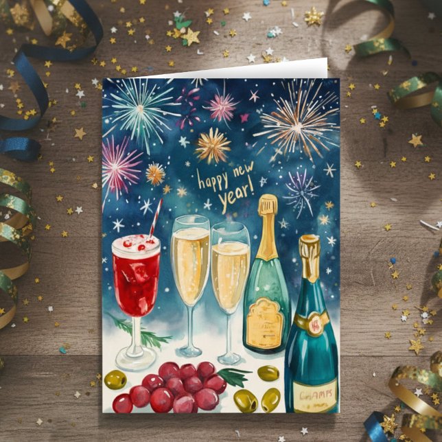 HAPPY NEW YEAR Watercolor Bubbly Fireworks Holiday Card (HAPPY NEW YEAR Watercolor Bubbly Fireworks Holiday Greeting Card
)