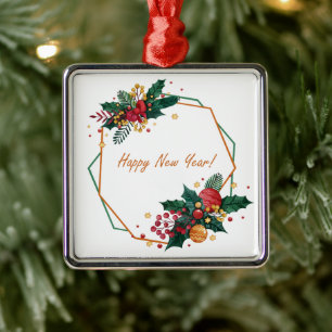 Happy New Year Watercolor Geometric Frame Metal Tree Decoration