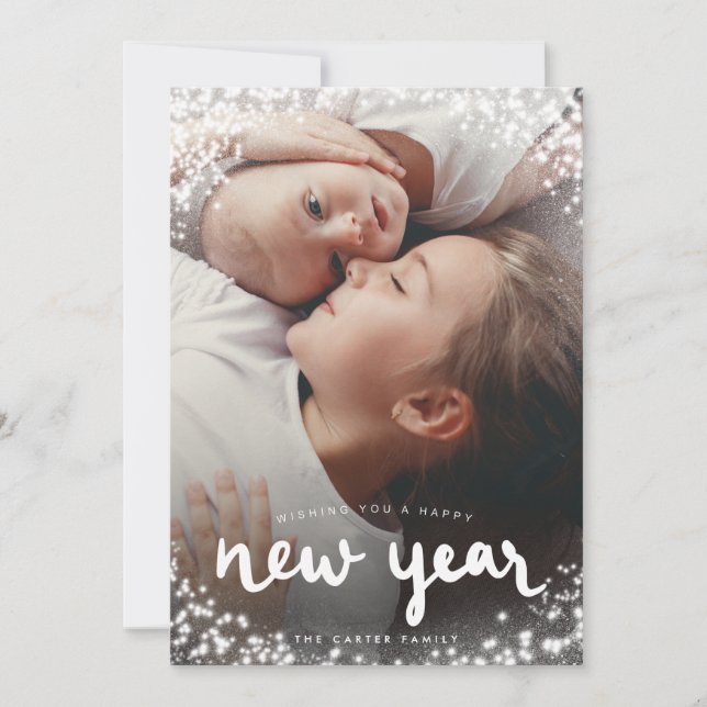 Happy New Year White Glowing Snow Photo Holiday Card (Front)