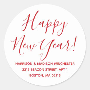 Happy New Year white red script return address Classic Round Sticker