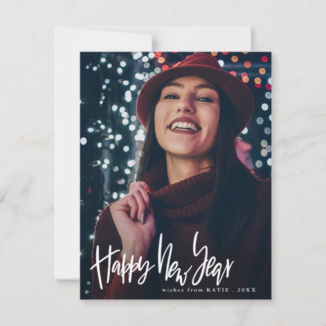 Happy New Year | White Script Modern Photo Holiday Card (Front)