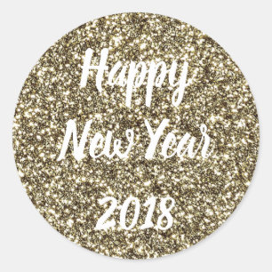 Happy New Year White Text on Gold Glitter Elegant Classic Round Sticker