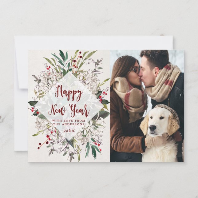 happy new year winter floral greenery photo card (Front)