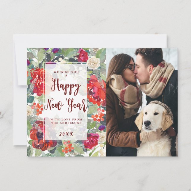 happy new year winter floral greenery photo card (Front)